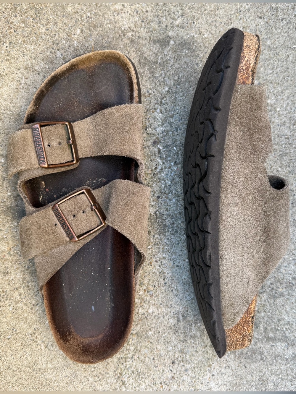Birkenstock Arizona Taupe Suede Double Strap Cork Sandals Slide Shoes 7.5